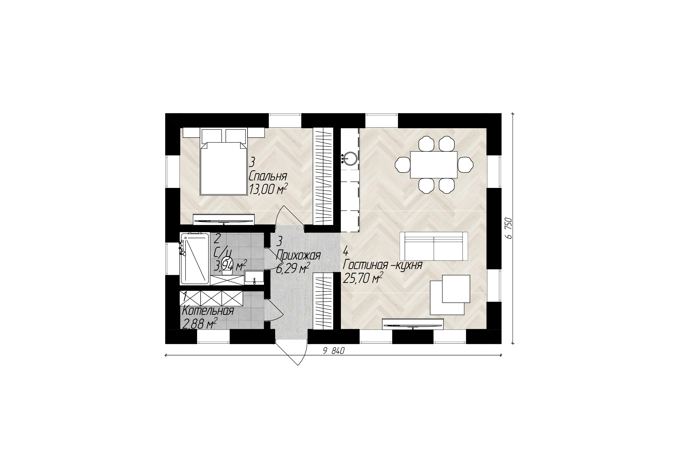 Планировка дома Terra-50 — схема помещений площадью 50 м²