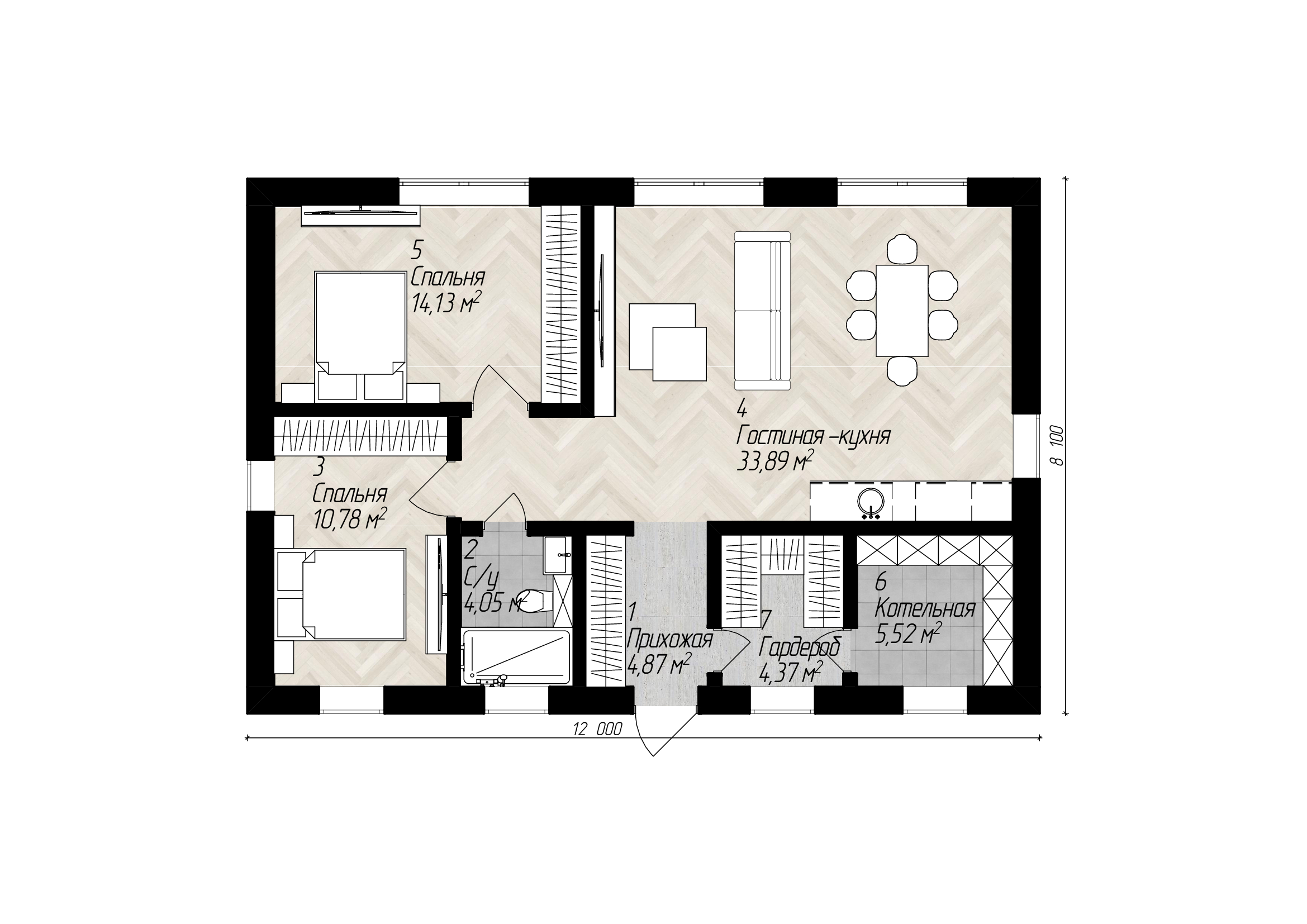 Планировка дома Aura-80 — схема помещений площадью 80 м²